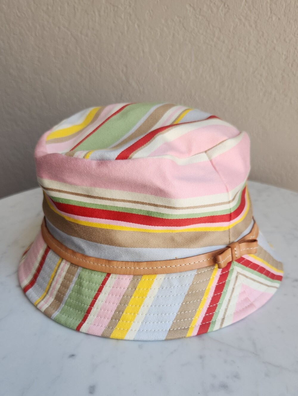 Vintage Coach Multicolor Striped Bucket Hat Leather Bow Trim M/L
